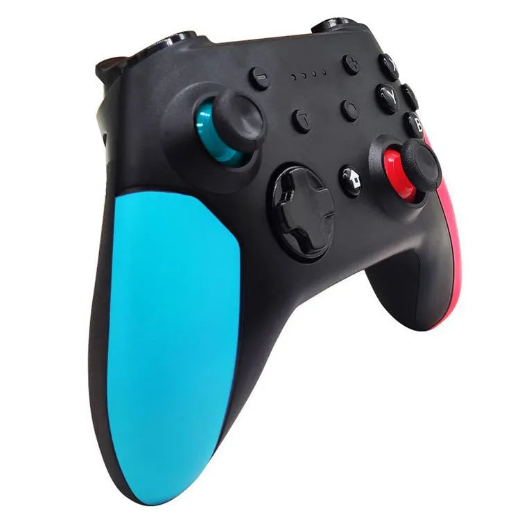Bluetooth Switch gamepad controller in left blue right red colours showing button layout