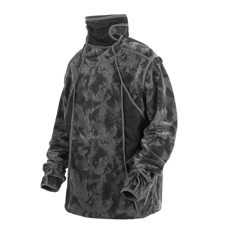Men's black tie dye printed sweater with finger turtleneck collar and drop shoulder sleeves
