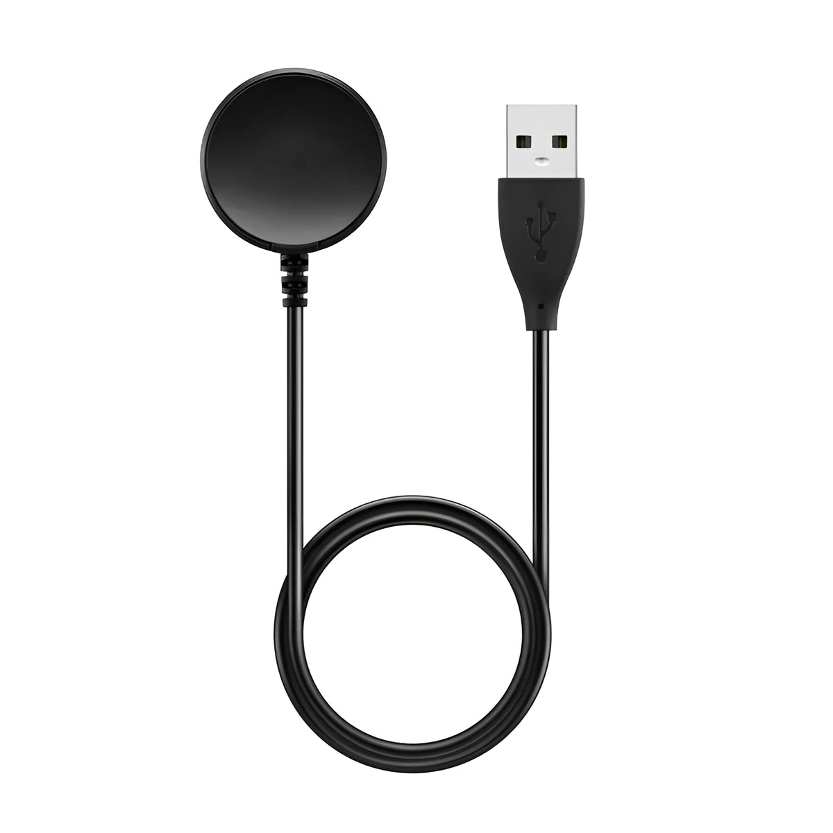 Black USB wireless watch charger with 34mm charging pad and attached cable