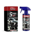 Silver spray bottle of Auto Refresh car polish coating on a microfibre cloth next to a gleaming car bonnet.