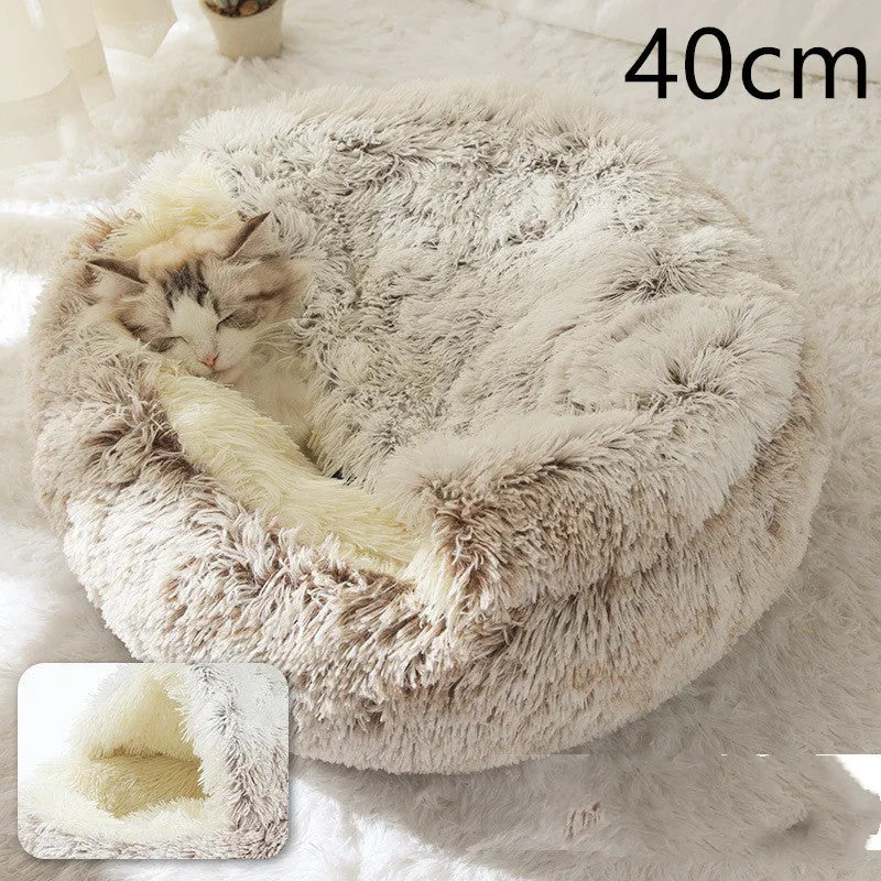Round plush pet bed in brown for cats and small dogs, size 40cm