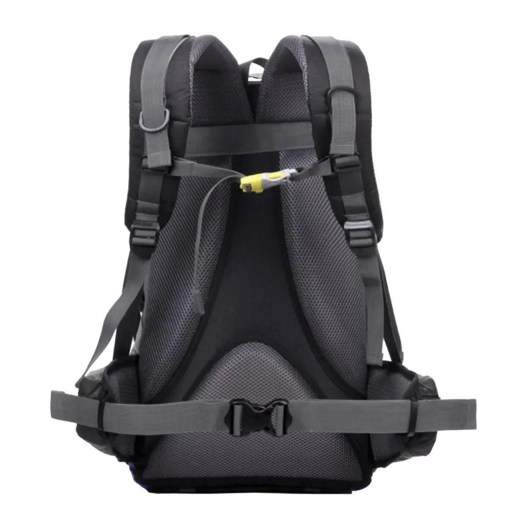 Green polyester outdoor backpack with straps, shown with dimensions for hiking and camping.