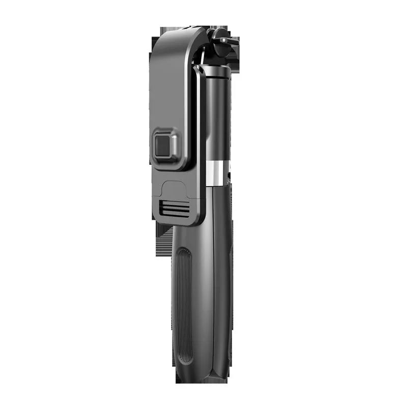 Bluetooth selfie stick with tripod base extended to mid-length with smartphone attached