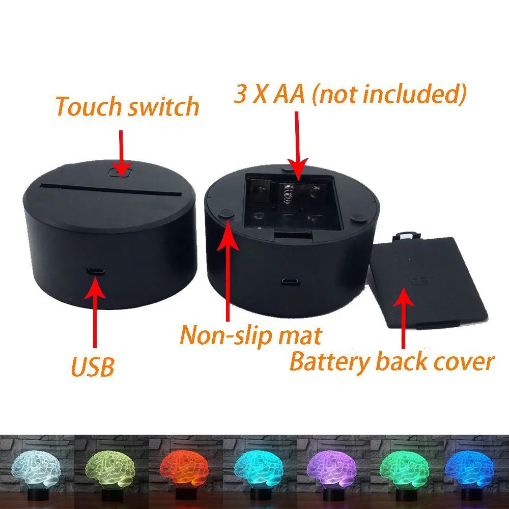 3D brain illusion LED desk lamp with remote control showing colourful acrylic lighting projection