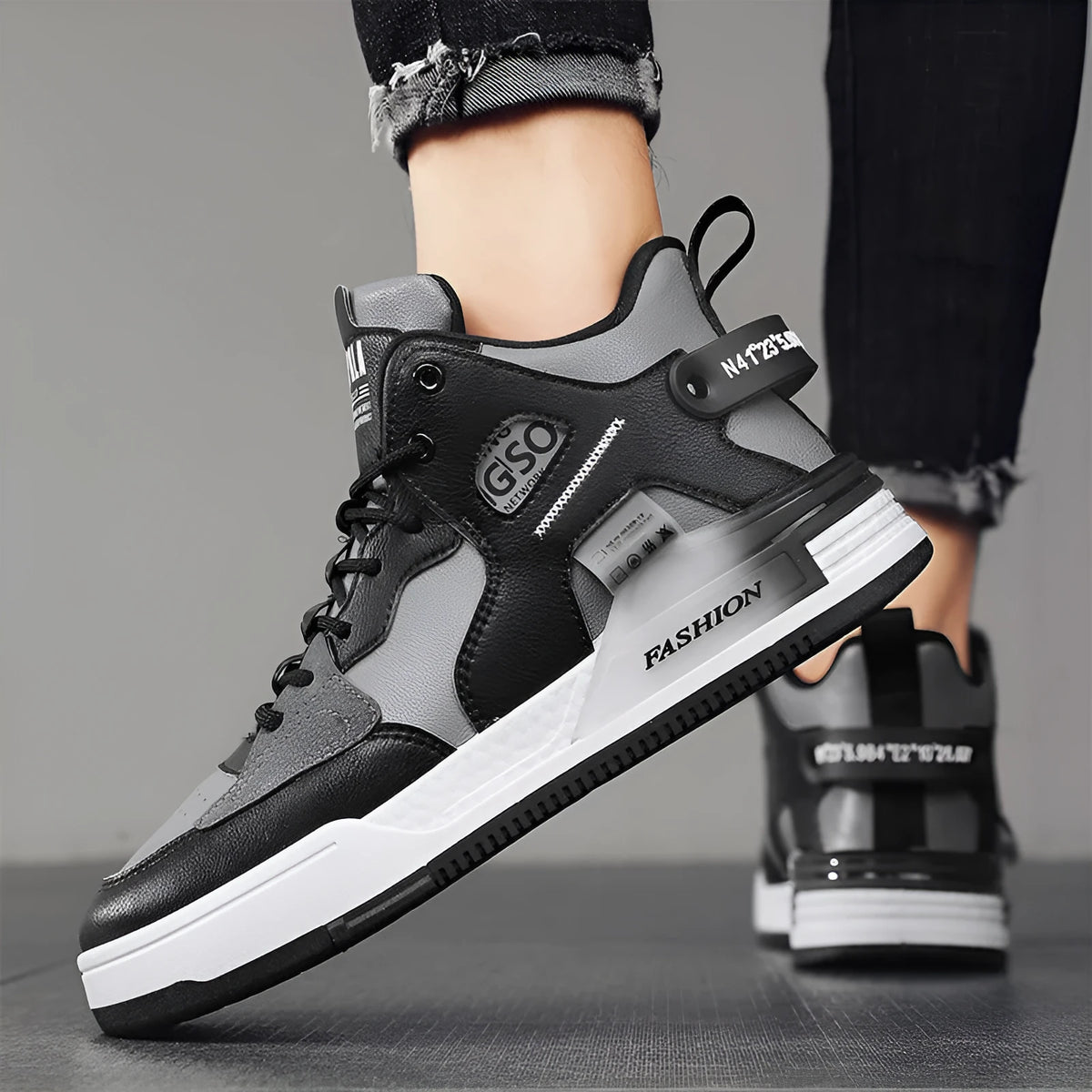 Men's khaki high-top casual shoes with PU upper and rubber sole on flat surface