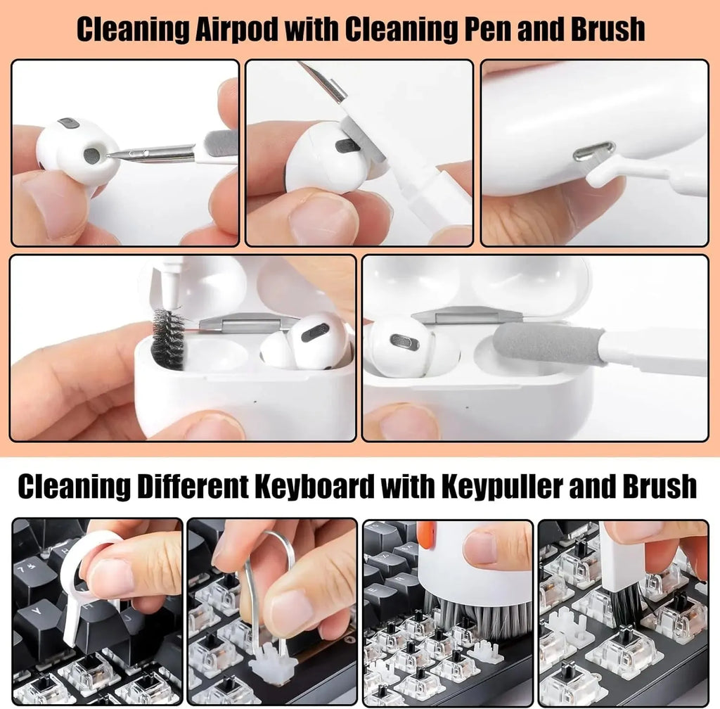 20 in 1 electronic cleaning kit with ABS tools in cylindrical black holder on white background