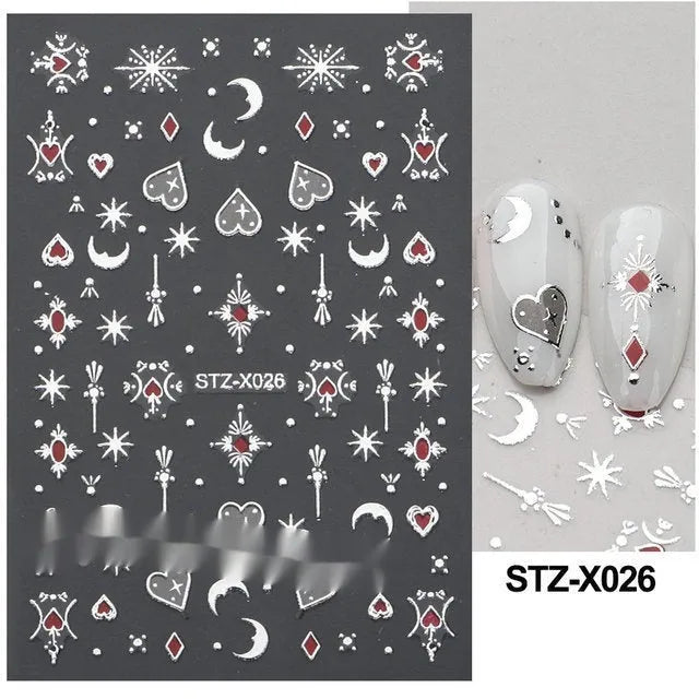 Cartoon-themed nail art sticker sheet with black and silver strip patterns and love motifs