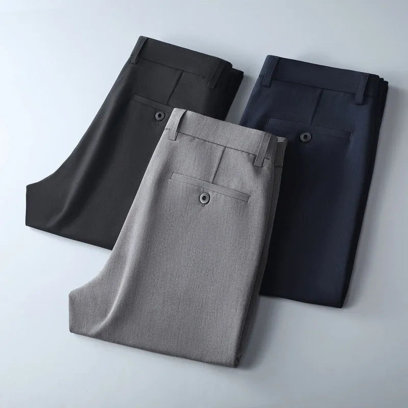 Men's spinning summer business casual trousers in solid colour black, polyester fabric, micro elastic waist, sizes 29-40