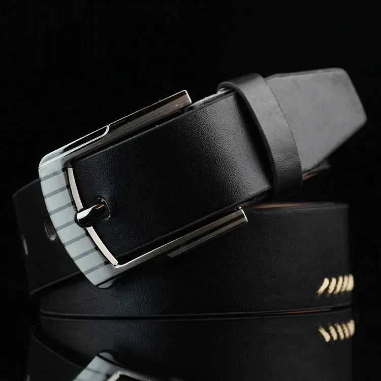 Men's threading pattern casual belt with alloy pin buckle in black colour showing retro design details