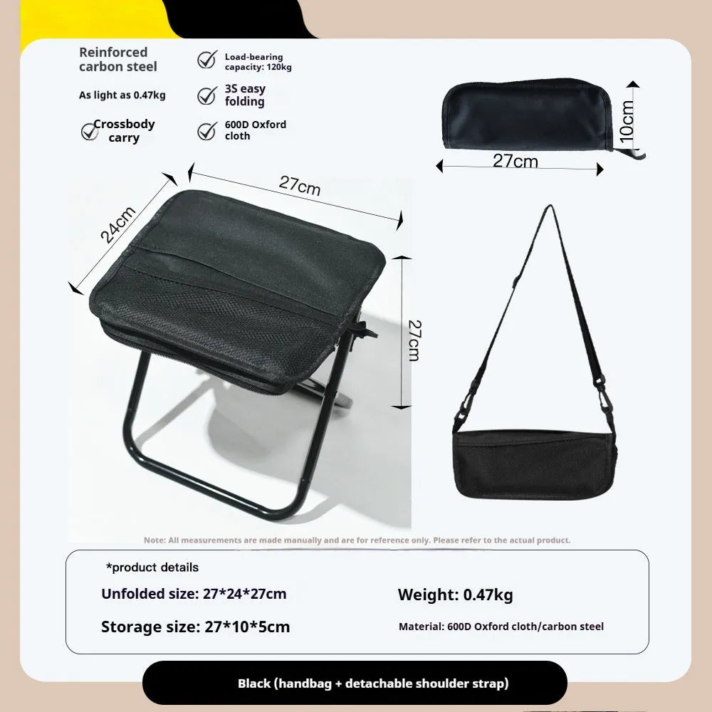 A folded Oxford cloth camping stool in khaki with its attached crossbody carry bag, shown next to an unfolded version.