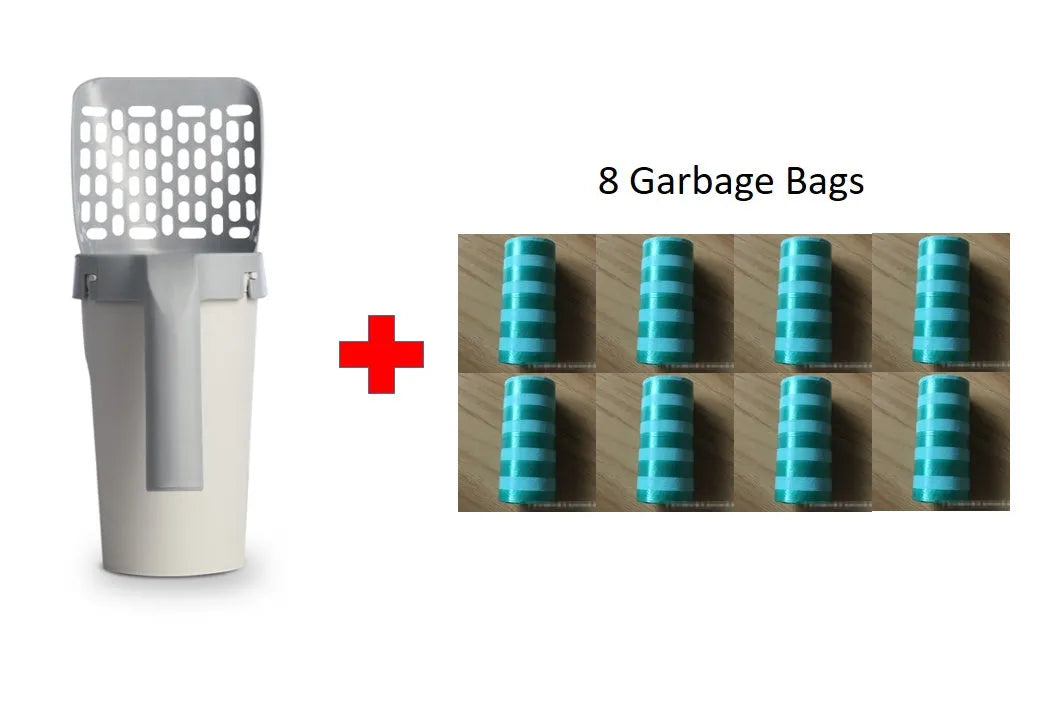 Grey PP cat litter shovel set with integrated storage box, filtering scoop, and 20x12x29cm size.