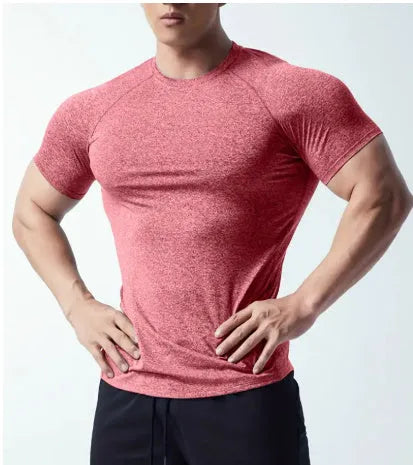 Men's grey quick-dry stretch casual short sleeve t-shirt on a hanger.