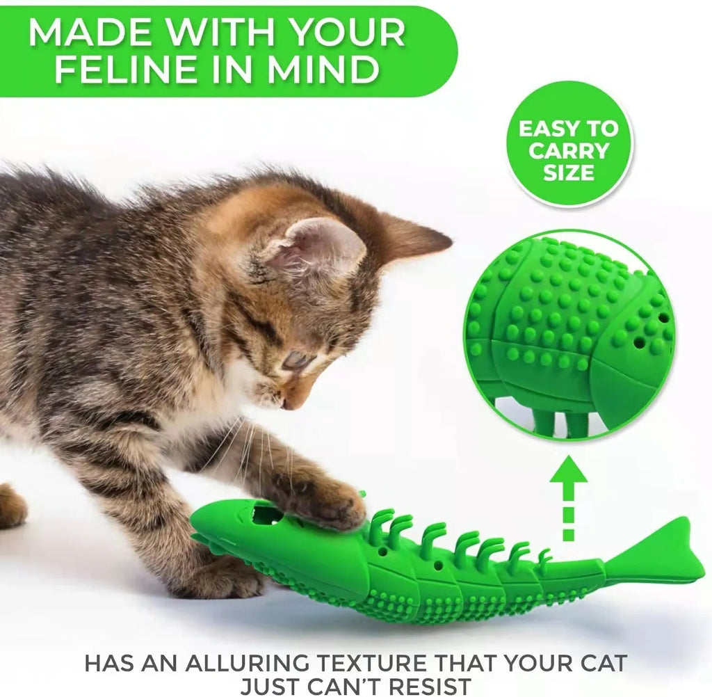Blue hard rubber cat toy with textured surface for teeth cleaning, containing catnip and a bell.