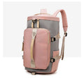 Black waterproof convertible gym backpack with shoe compartment and combination lock shown in handbag and backpack mode.