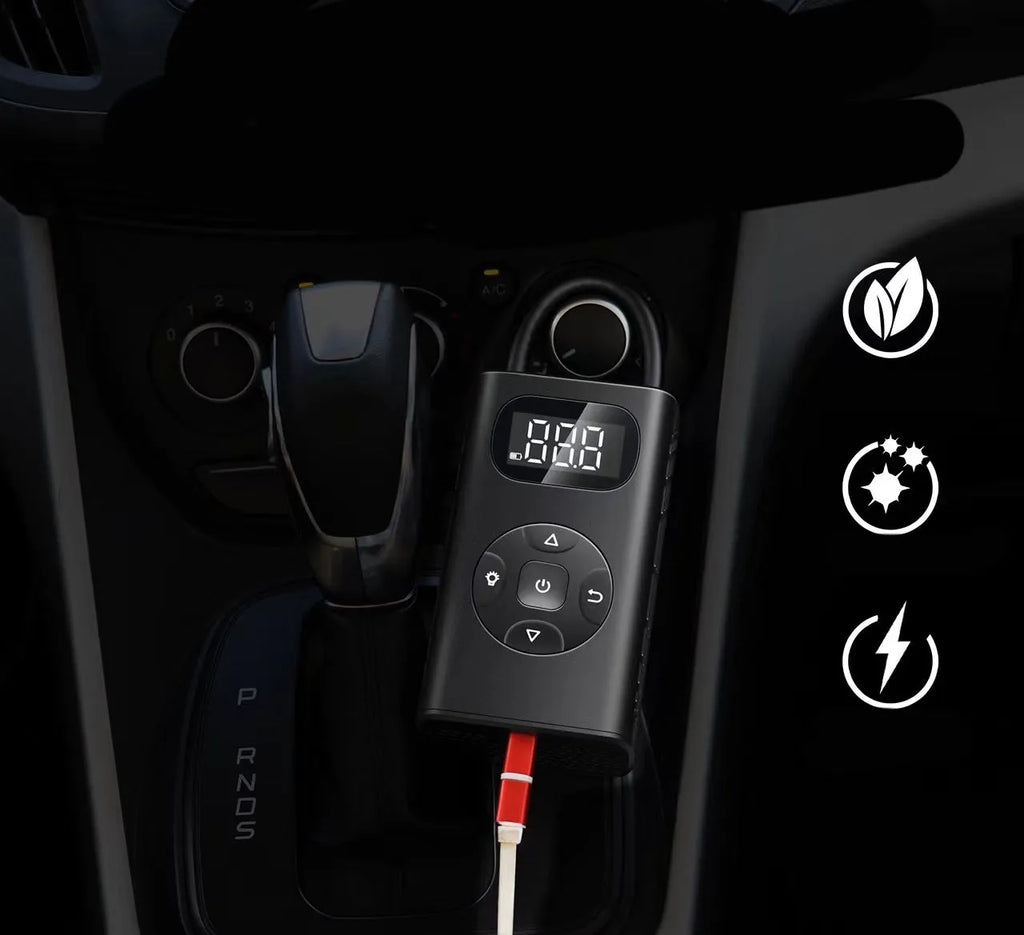 Black portable power bank tyre inflator with USB cable and inflatable tube for cars and motorcycles.