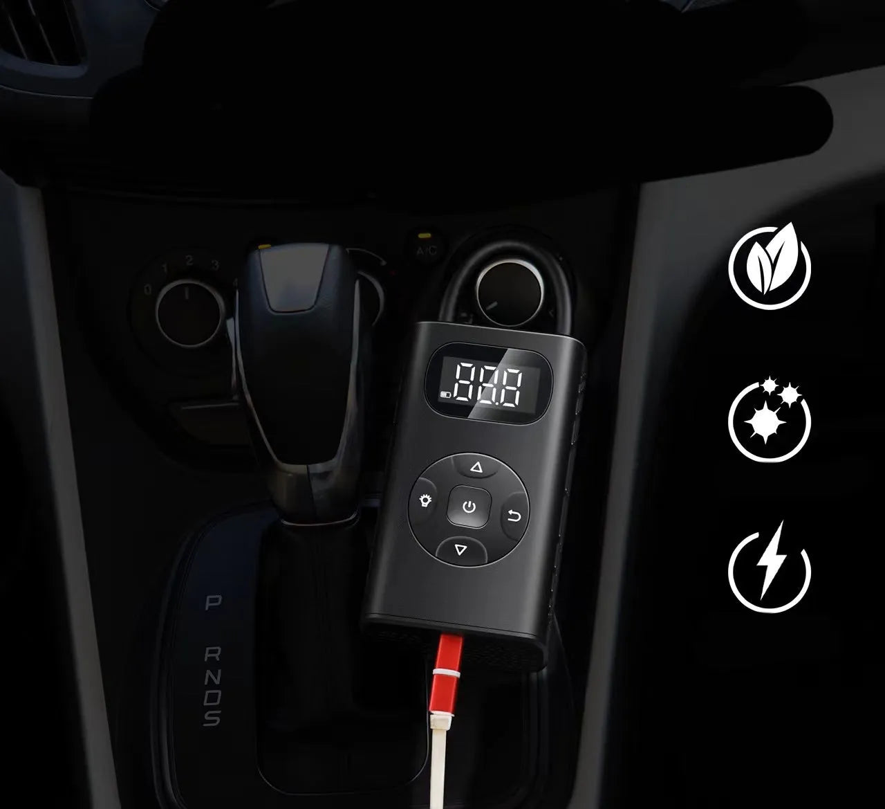 Black portable USB digital tyre inflator with pressure gauge and tube for car and motorcycle.