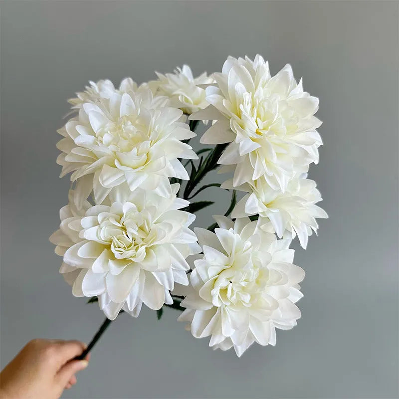Dahlia desktop display fan holding fake flowers, silk flower bunch in multiple colours for home or office decoration