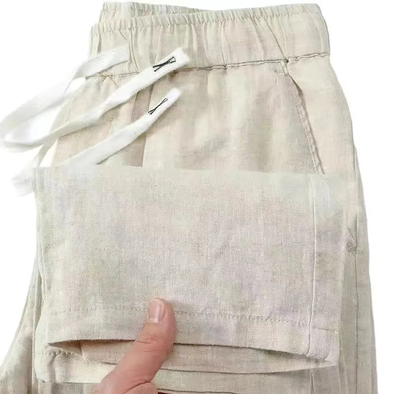 Pure linen Chinese style trousers with elastic waistband in straight leg cut available multiple colours