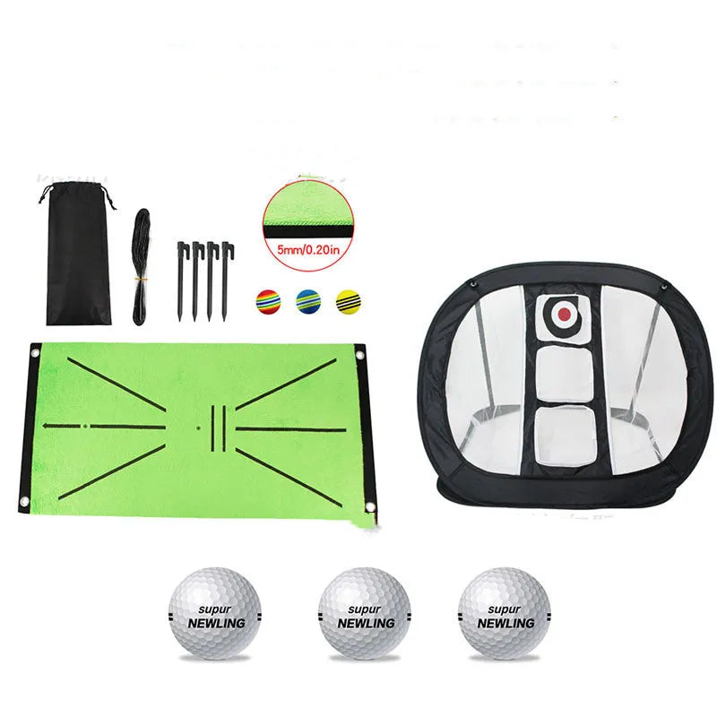 Indoor golf practice cutting pad with crystal swan suede surface and three rainbow balls on SBR base