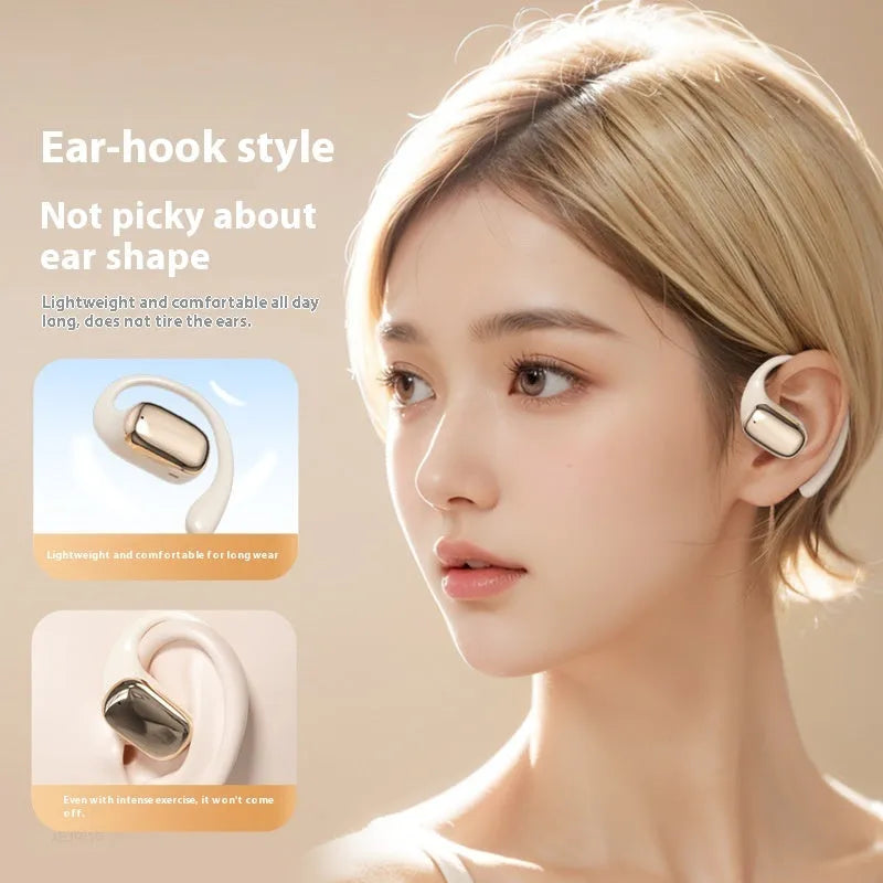 Ear-mounted wireless headphones with digital display screen on side, shown in skin colour.