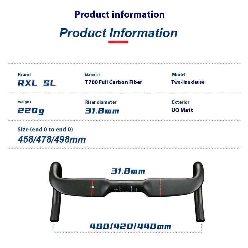 Carbon fiber road bicycle handle bar with a double line design, shown in red and black colour options.