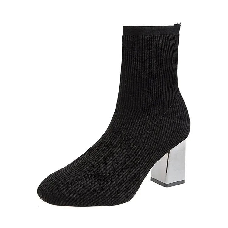 Women's stretch sock boots in black with short chunky heel and rubber sole