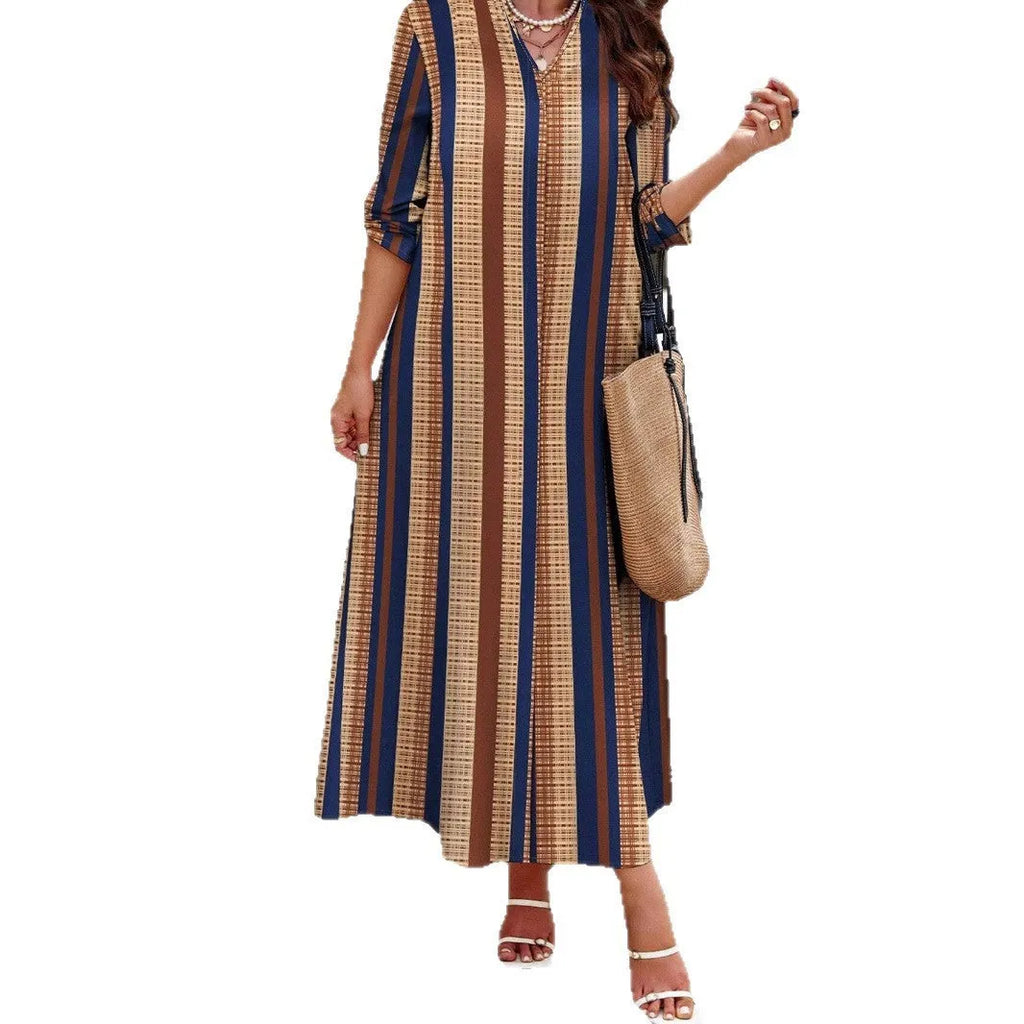 Camel coloured vertical striped V-neck long dress with A-line skirt and long sleeves