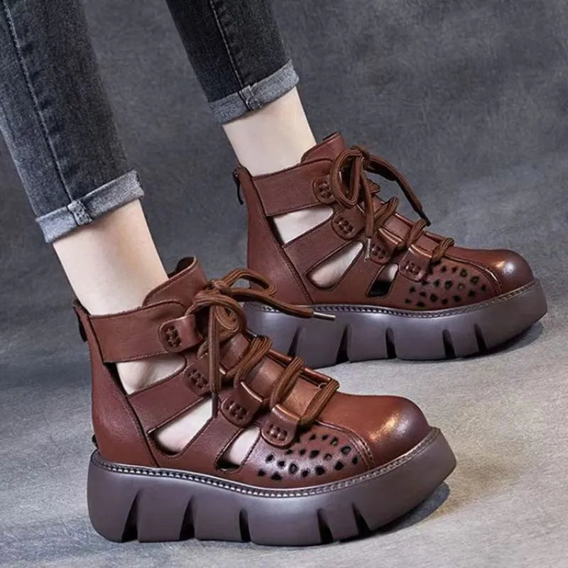 Women's black platform sandals with fish mouth toe and hollow hole leather design