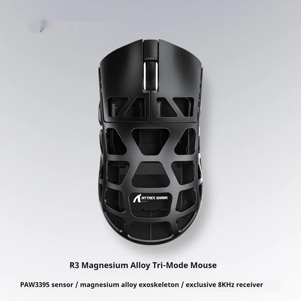 Attack Shark R3 magnesium alloy 8K wireless gaming mouse in white, showing top view with three touch buttons and compact 119.5x61x36mm size