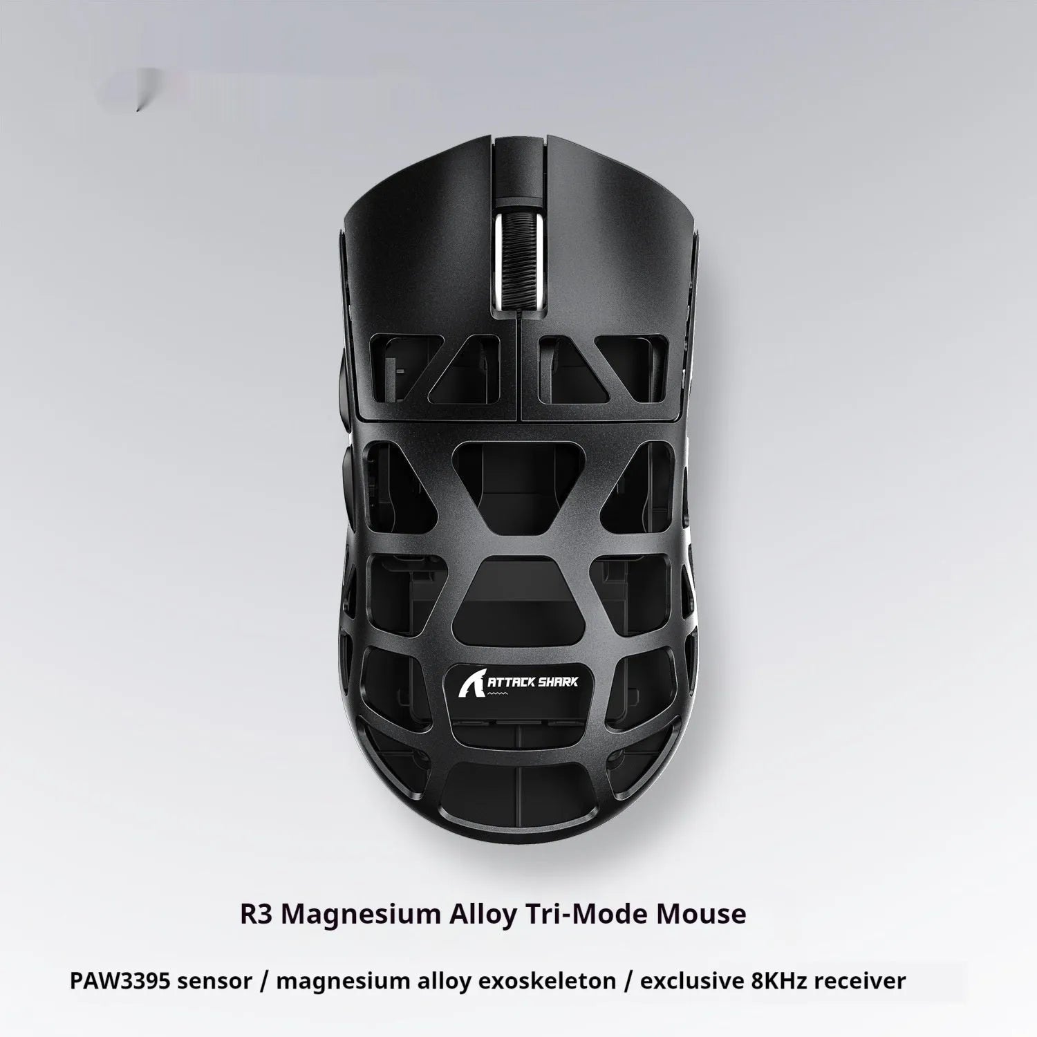 Attack Shark R3 magnesium alloy 8K wireless gaming mouse in white, showing top view with three touch buttons and compact 119.5x61x36mm size