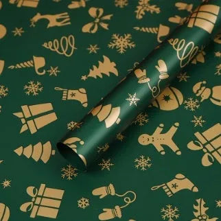 Christmas Kraft paper gift wrap sheets with red and green ink printed cartoon designs including polka dots, snowflakes, and Christmas trees