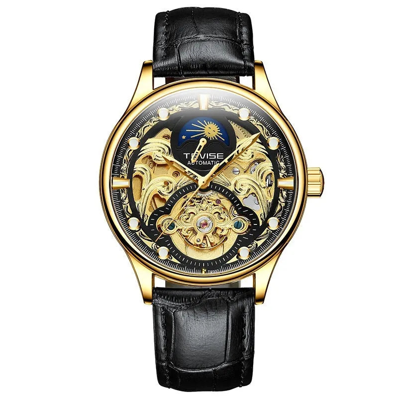 Men's gold and white leather strap automatic waterproof business watch with thick case.