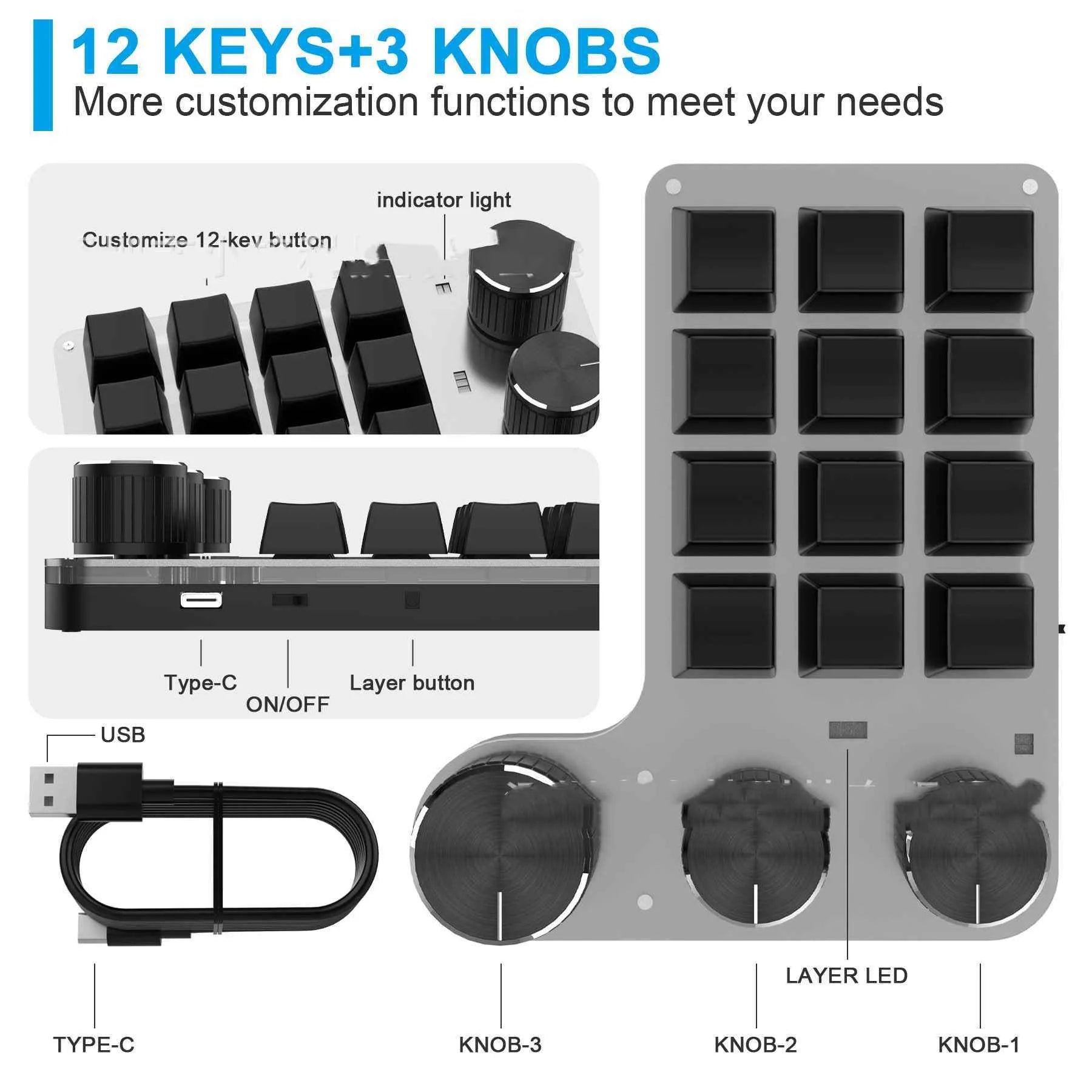 Bluetooth custom shortcut keyboard with 12 keys 3 knobs RGB backlighting black plastic office keyboard