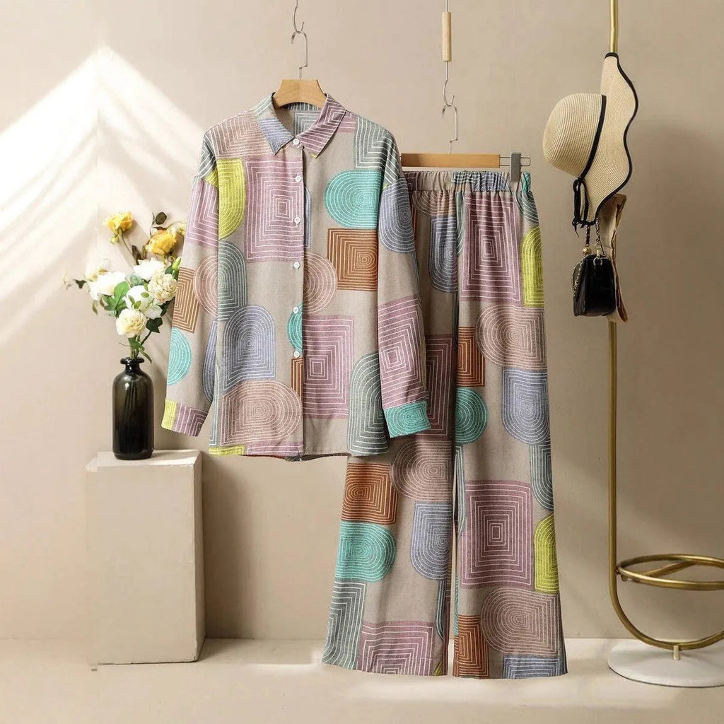 Women's geometric print long sleeve trousers suit set in picture colour, polyester fabric with buttons