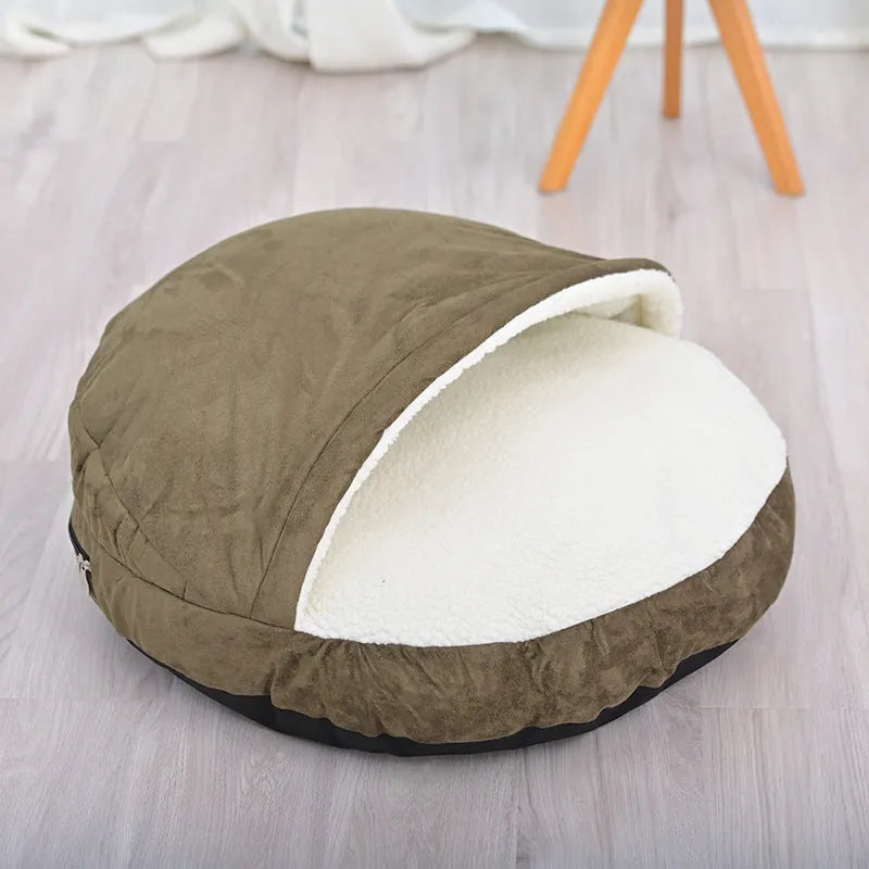 Brown cloth dog kennel with removable, washable fabric shown next to a grey version in a smaller size.