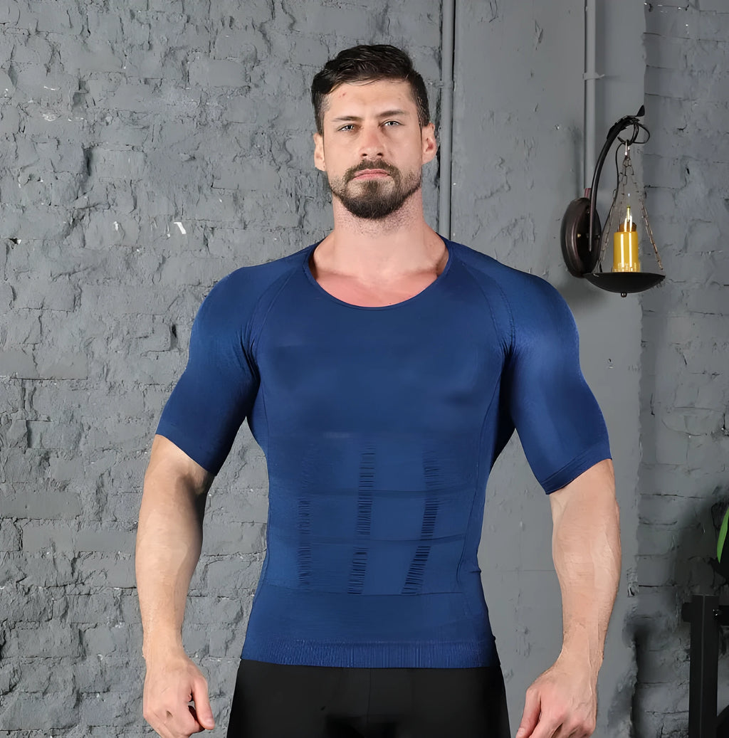 Men's nylon chest compression T-shirt, round neck, hip length, blue black white, sizes M to XXL