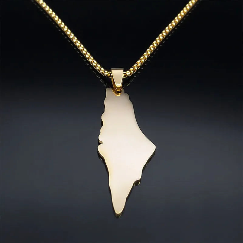 Stainless steel Palestine Israel map pendant necklace gold colour with flag enamel on white background