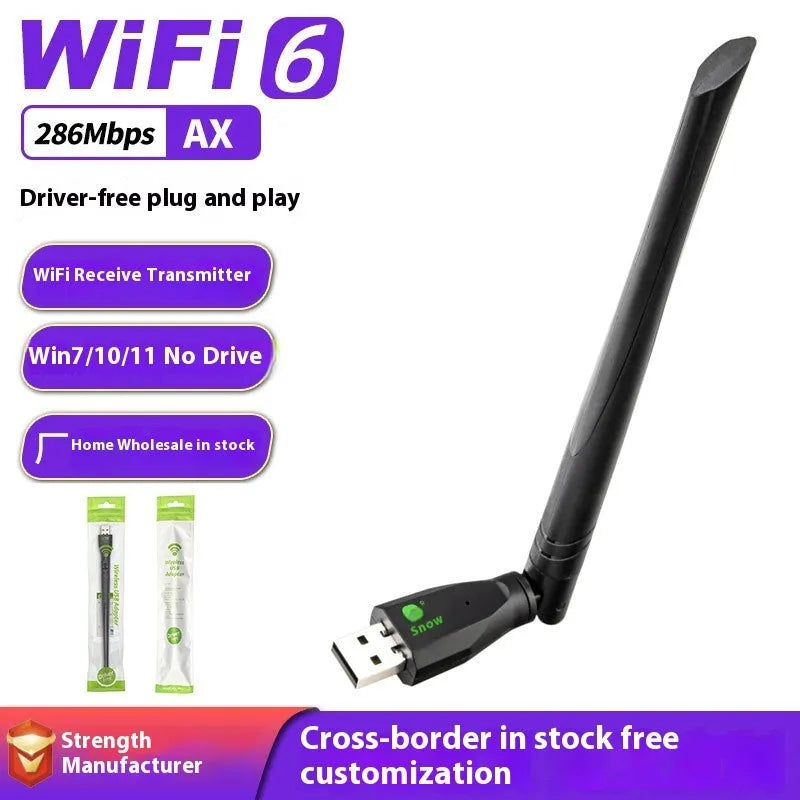 Black USB WiFi 6 wireless network card with integrated driver for desktop and laptop computers.