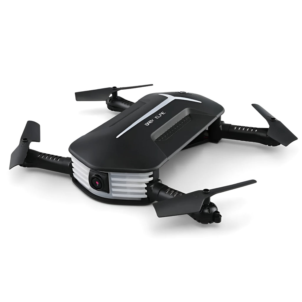 Black gravity-sensing four-axis folding drone with HD camera on a white background