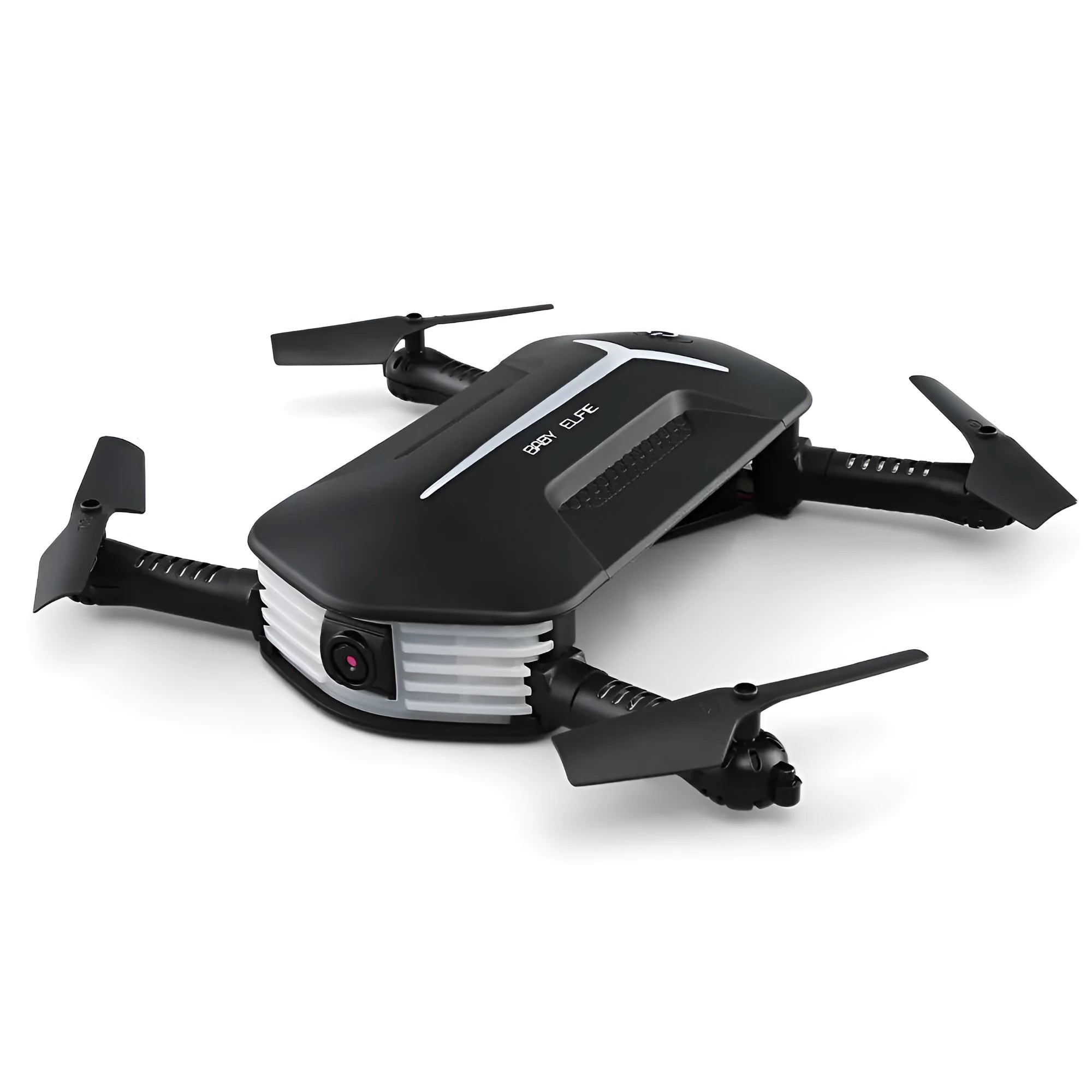 Black gravity-sensing four-axis folding drone with HD camera on a white background