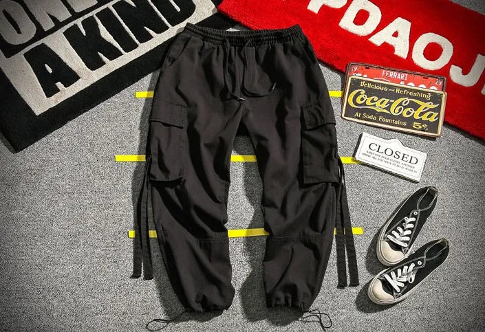 Ribbon Cargo Pants with elasticated waistband and pockets in Black, Gray, and Red colour options