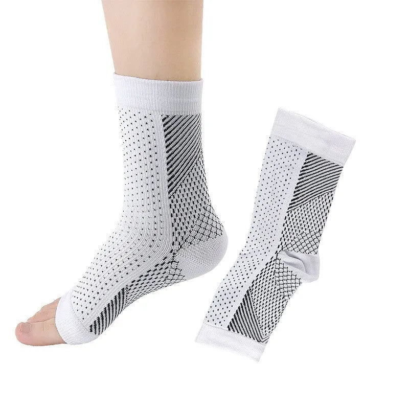Pair of Korean-style short tube elastic pressure sports socks in nylon fabric, shown in white colour.