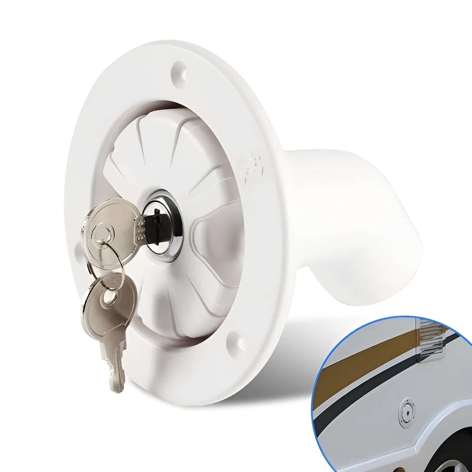 White RV gravity water filling port with 80mm hole and 38mm pipe inner diameter