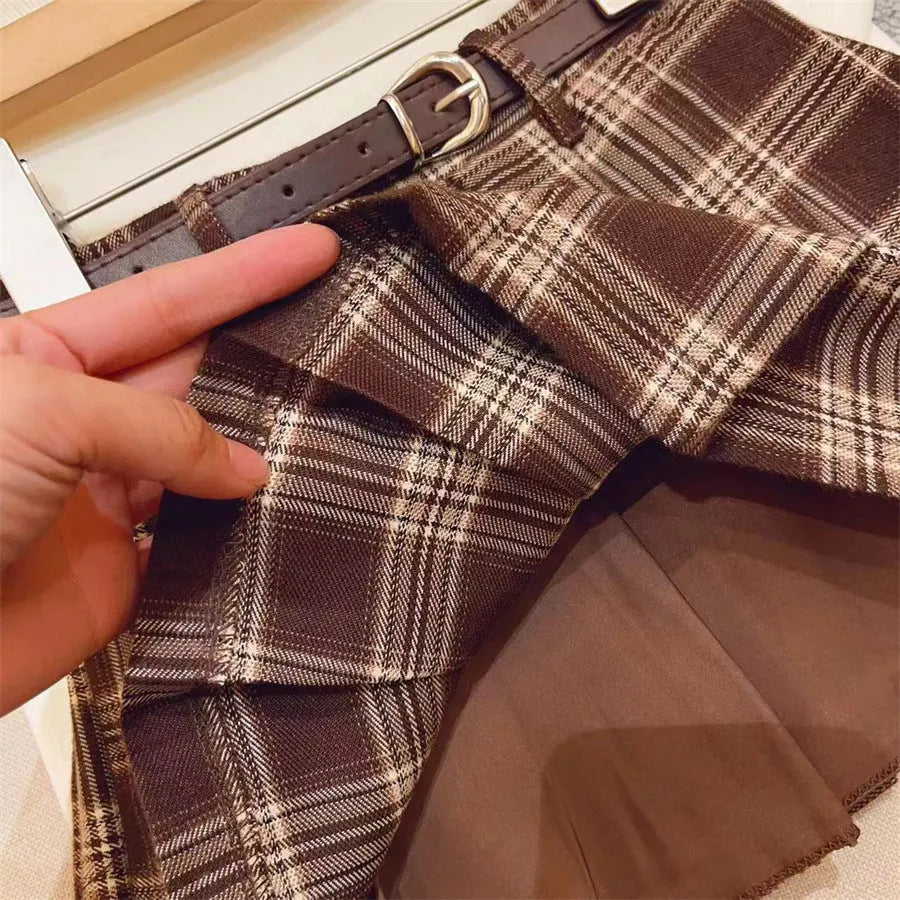 Girls plaid pleated A-line skirt in cotton blend fabric for spring and autumn casual wear
