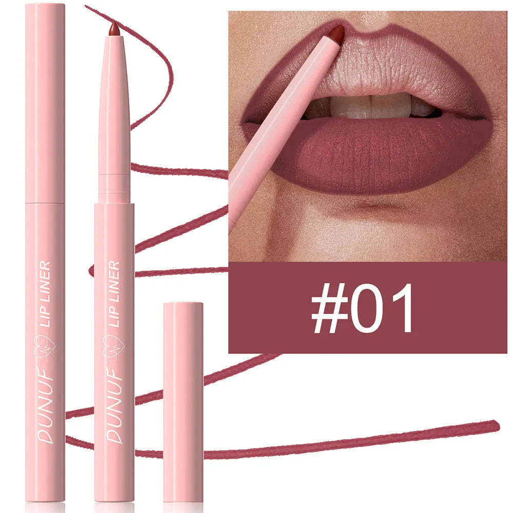 Velvet matte lip liner pencil in a display of 12 different colour shades.