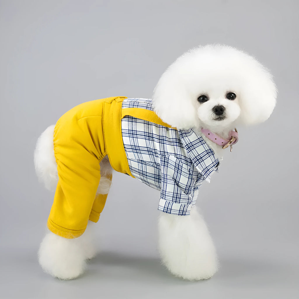 Cotton dog clothes in yellow or khaki, spring summer pet clothing, sizes S to XXL with Xs listed