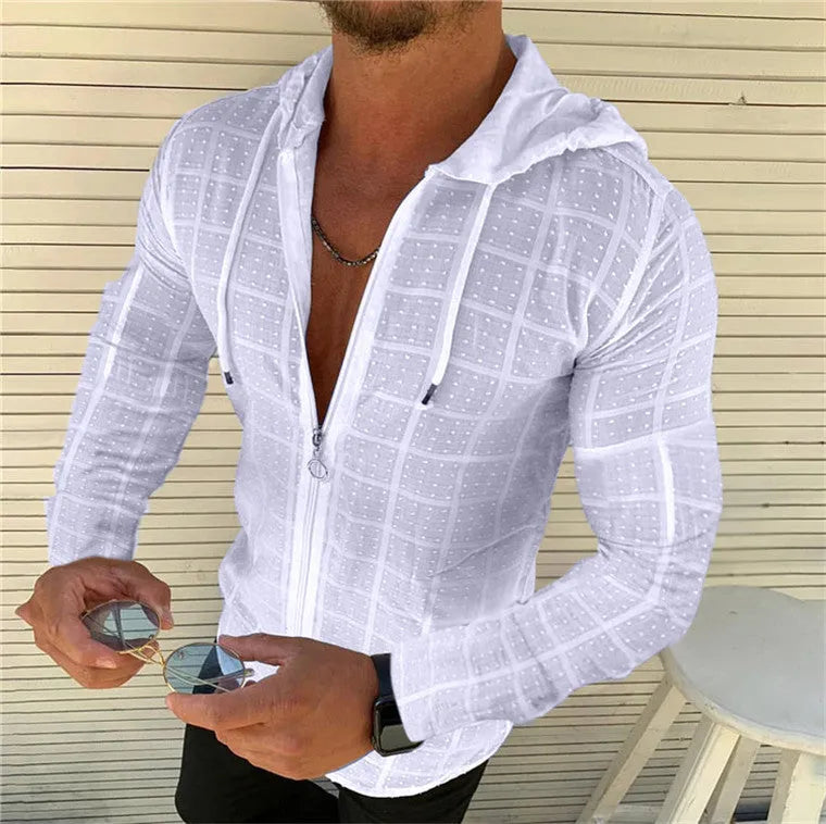Long sleeve slim hooded T-shirt in check pattern, Black colour option, front view