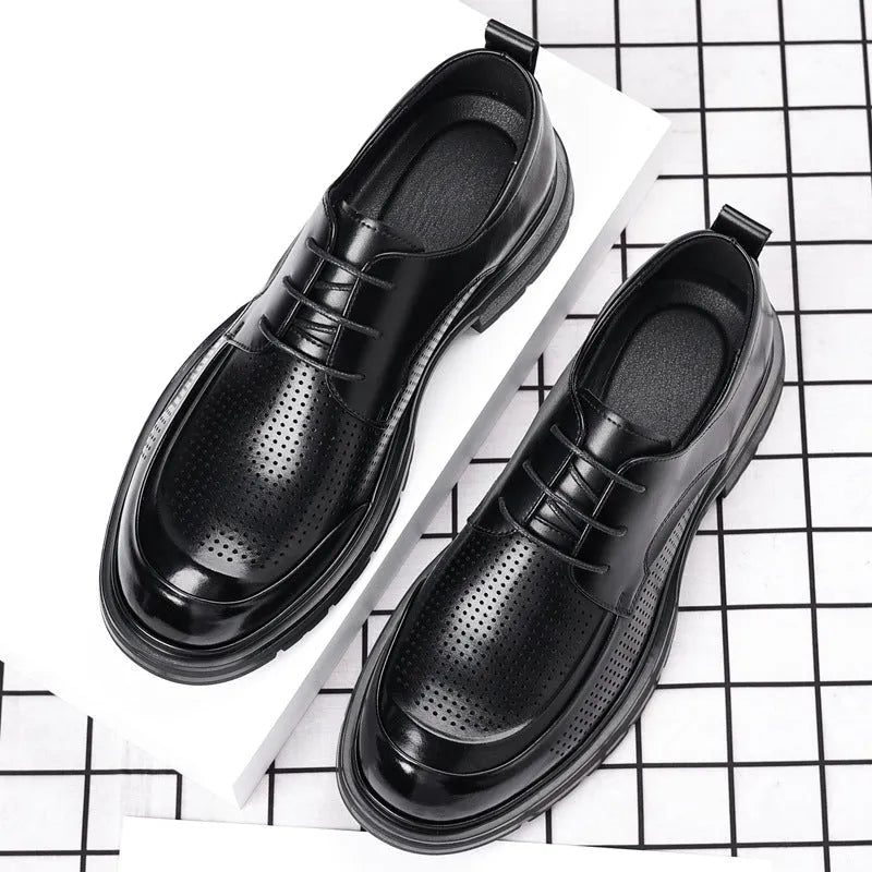 Men's hollow leather low-top business shoes in All Seasons Brown with wedge heel and sewing line detailing