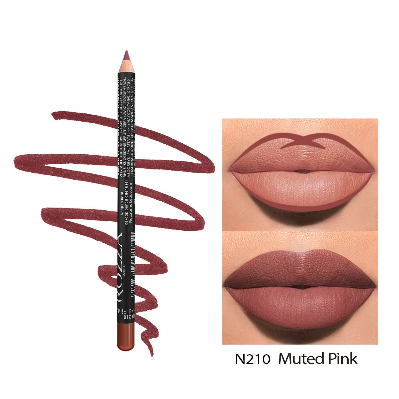 Matte finish lip liner pencil in wooden tone showing waterproof 24-hour formula
