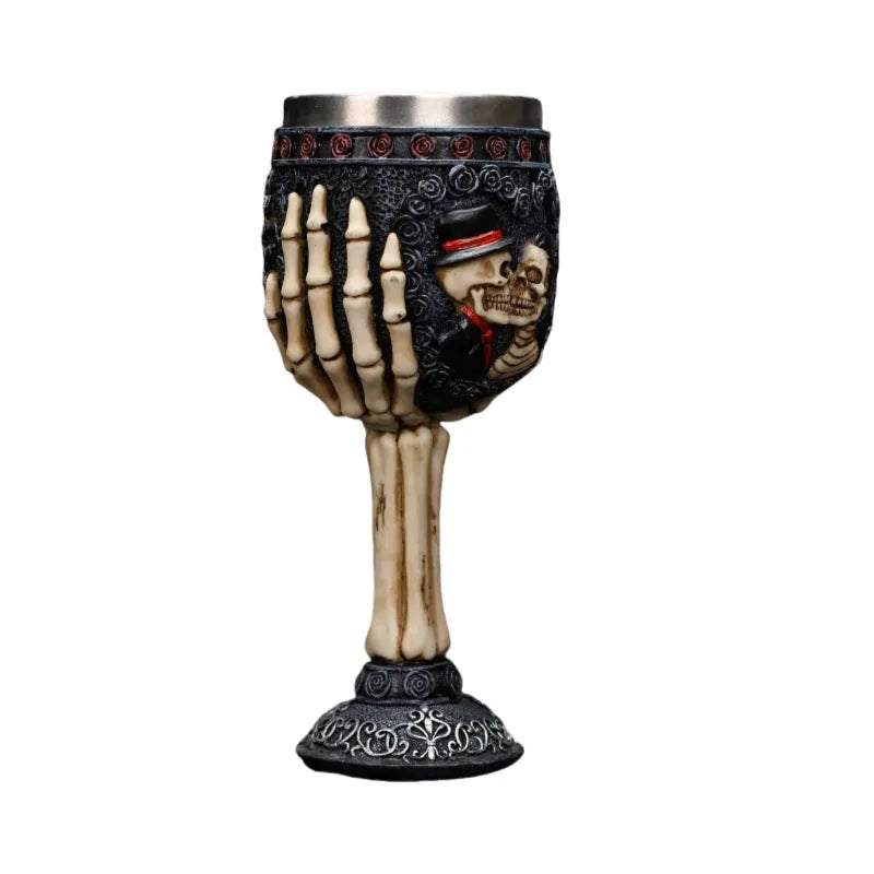 Stainless steel red wine glass with resin skeleton couple decoration, 200ml capacity
